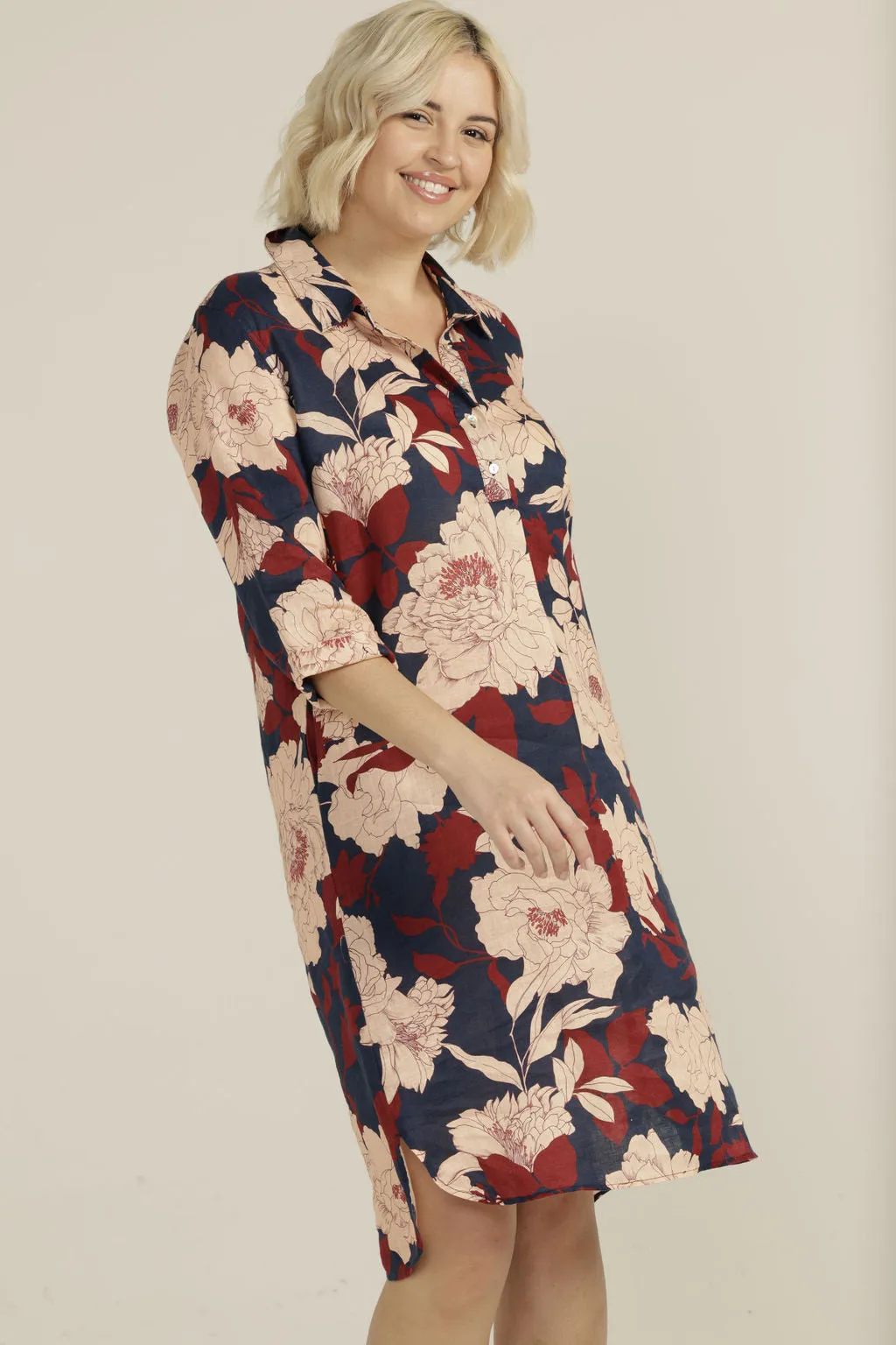 Linen Floral 1/2 Placket Dress