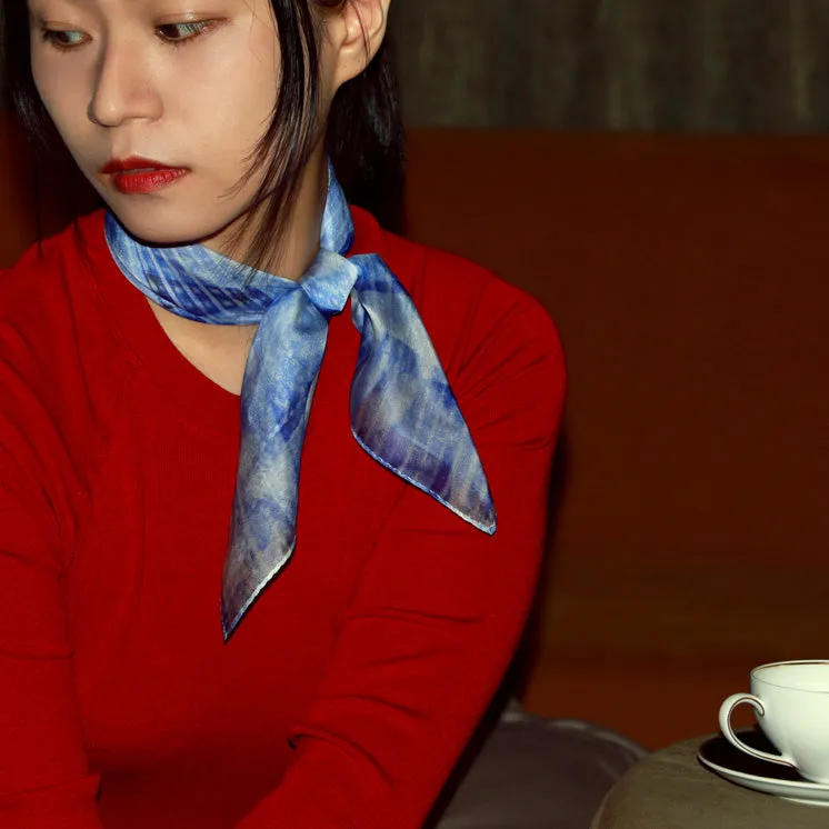 < Limited Edition > Silk Chiffon Scarf with Blue & White Print "Blue Chips" / 53 x 53cm / Made in Japan