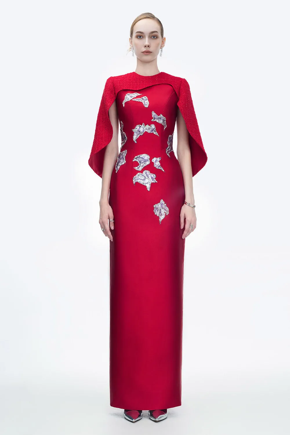 Lustre Reverie Sheath Cape Sleeved Zibeline Floor Length Dress