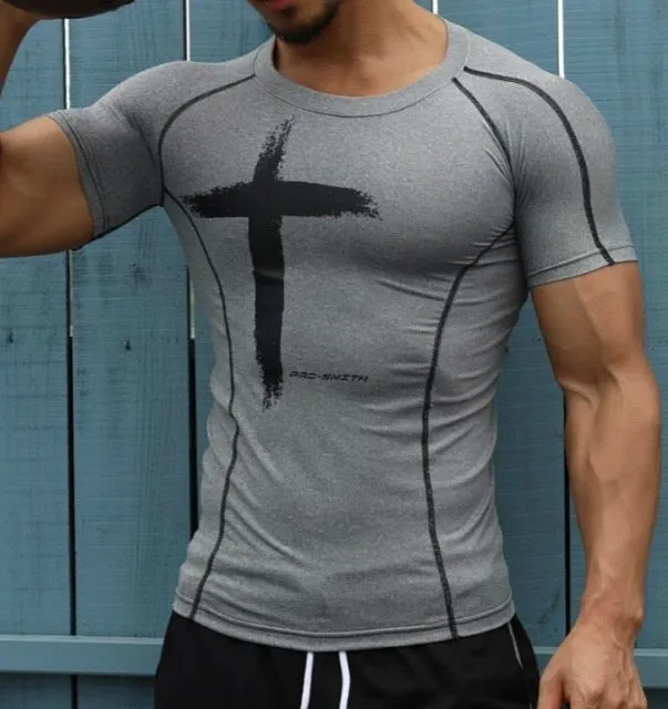 Mens Quick Dry Fitness Printed Tees Outdoor SPORT Running Climbing Short Sleeves Shirt Tights Bodybuilding Tops