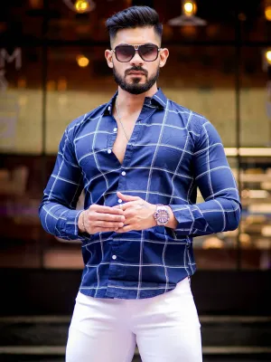 Navy Blue Check Printed Cotton Shirt For Men's