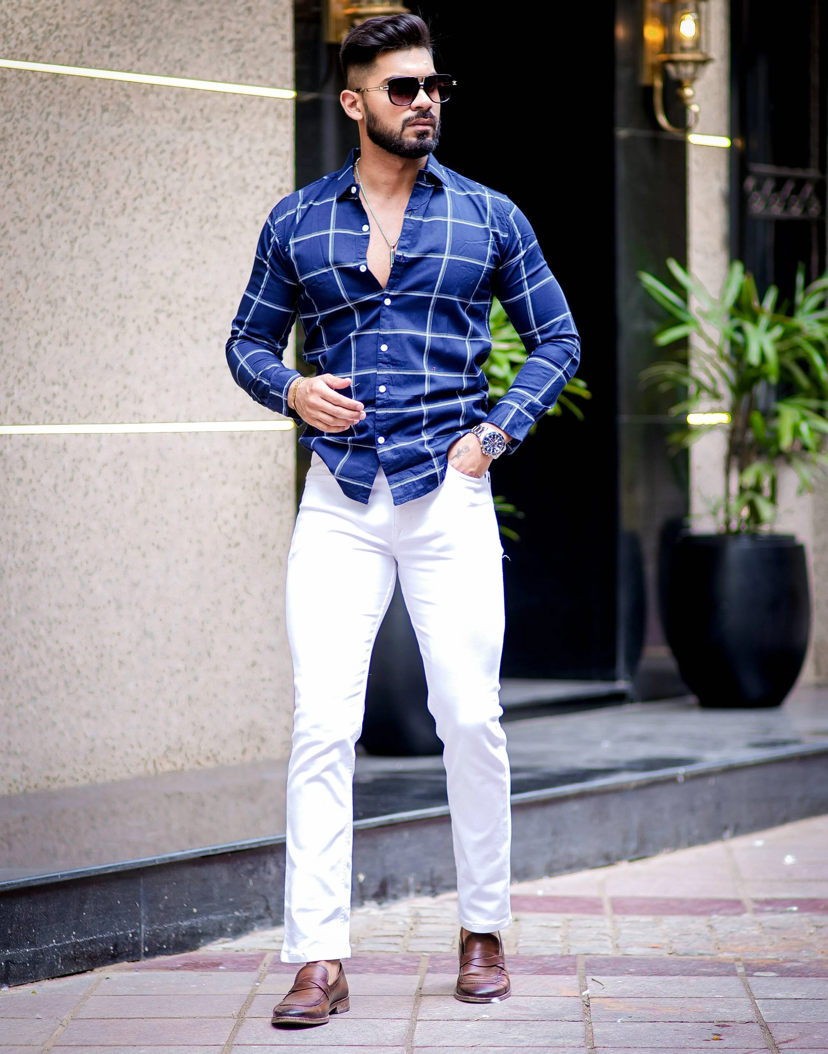 Navy Blue Check Printed Cotton Shirt For Men's