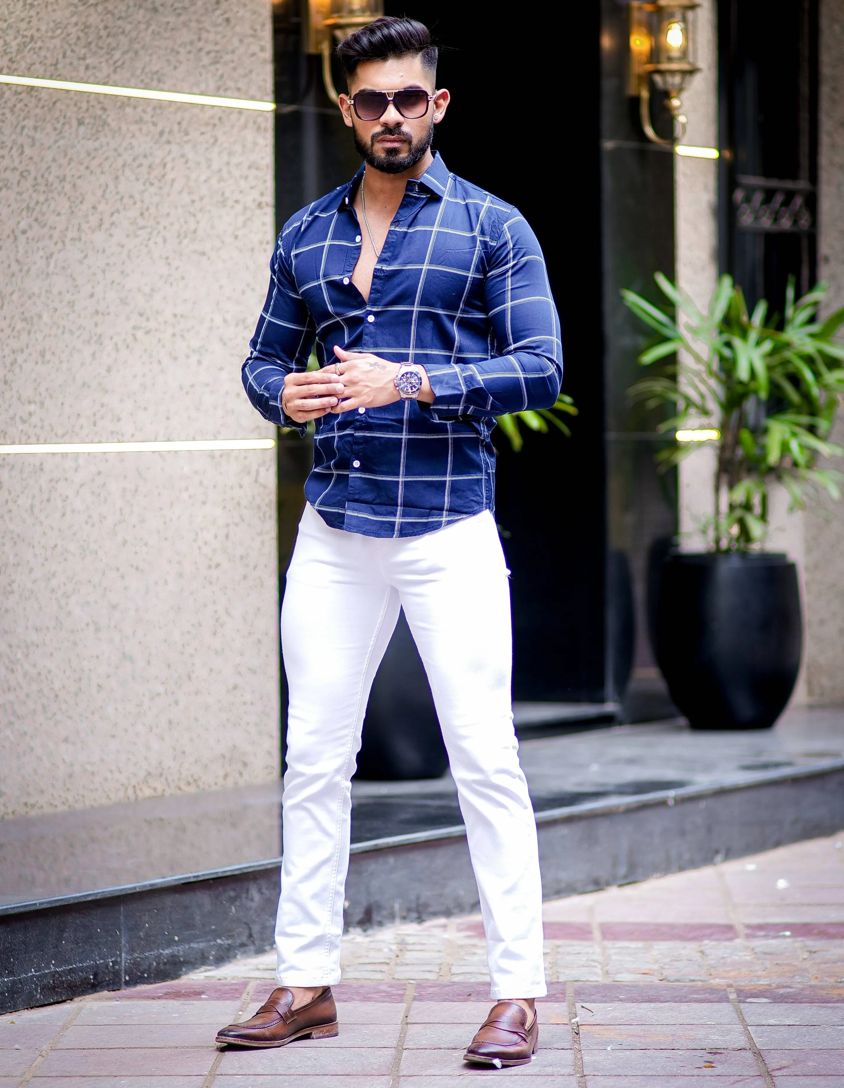 Navy Blue Check Printed Cotton Shirt For Men's