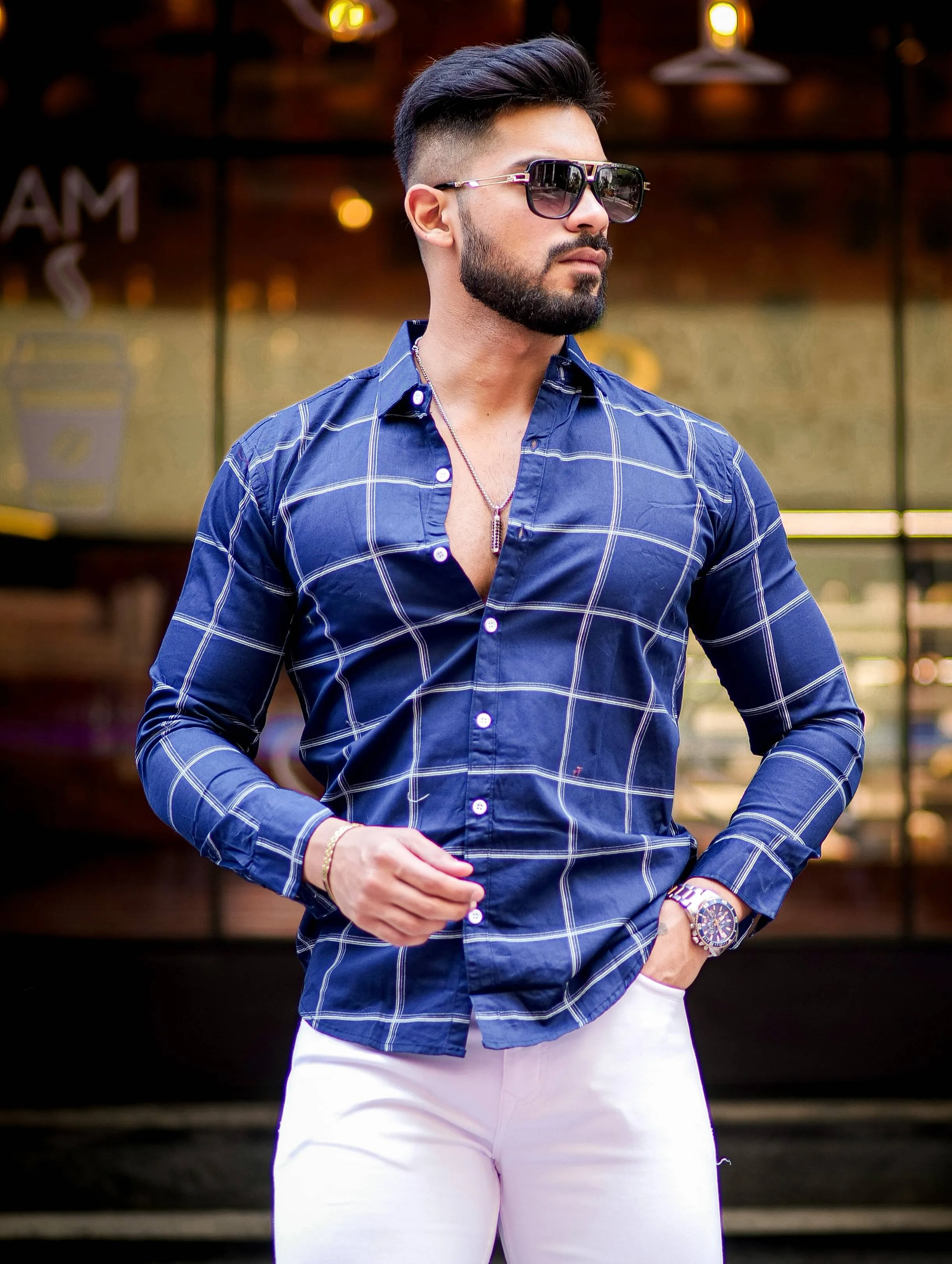 Navy Blue Check Printed Cotton Shirt For Men's