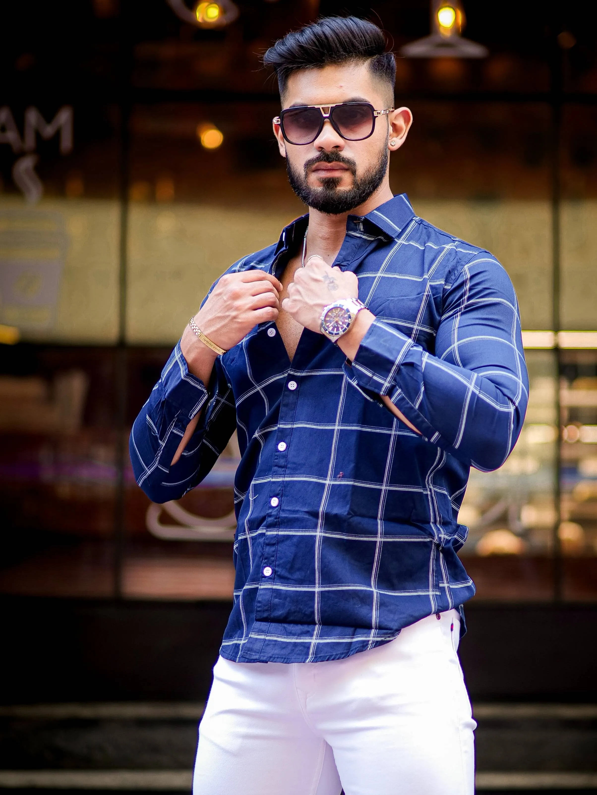 Navy Blue Check Printed Cotton Shirt For Men's
