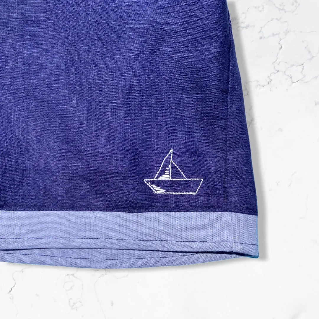 Navy Linen High Waisted Shorts with Hand Embroidered Sailboat Detail