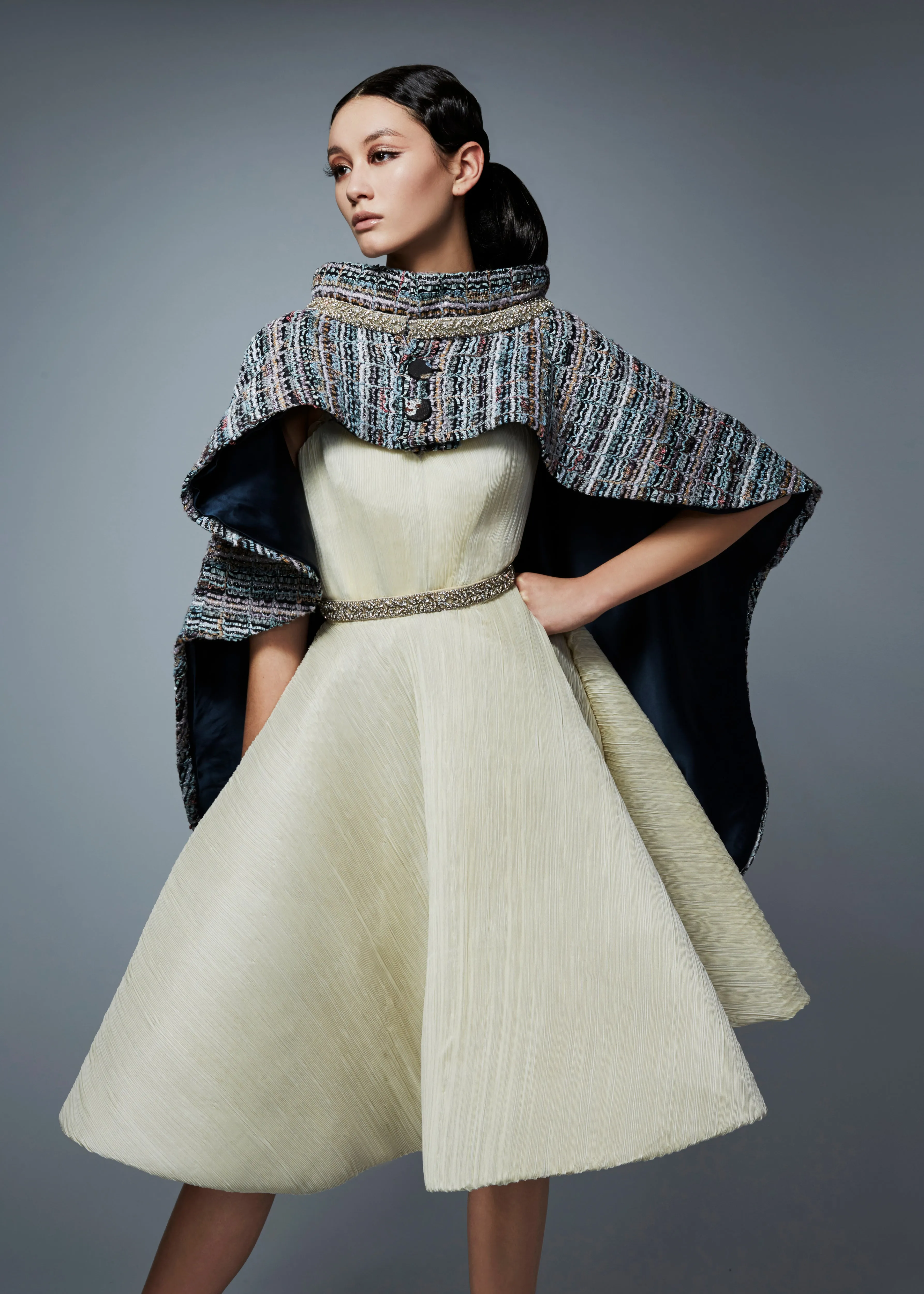 Pleated Ivory Cocktail Dress & Boat Necked Bouclé Cape | Fall/Winter 19