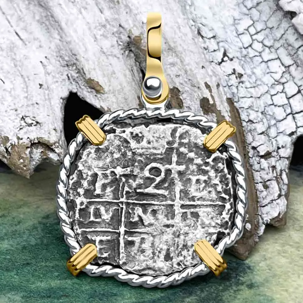 Princess Louisa Shipwreck 1735 2 Reale Piece of Eight 14K Gold & Sterling Silver Pendant | Artifact #8740