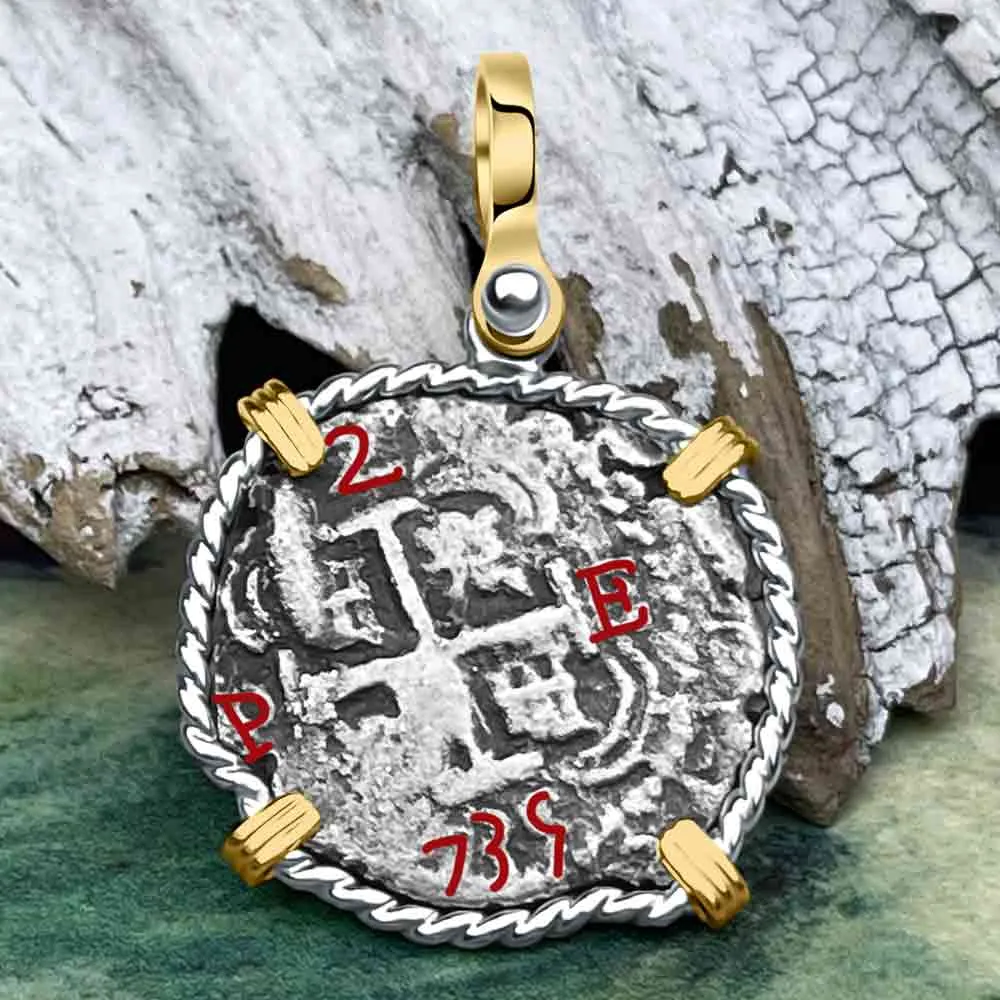 Princess Louisa Shipwreck 1735 2 Reale Piece of Eight 14K Gold & Sterling Silver Pendant | Artifact #8740