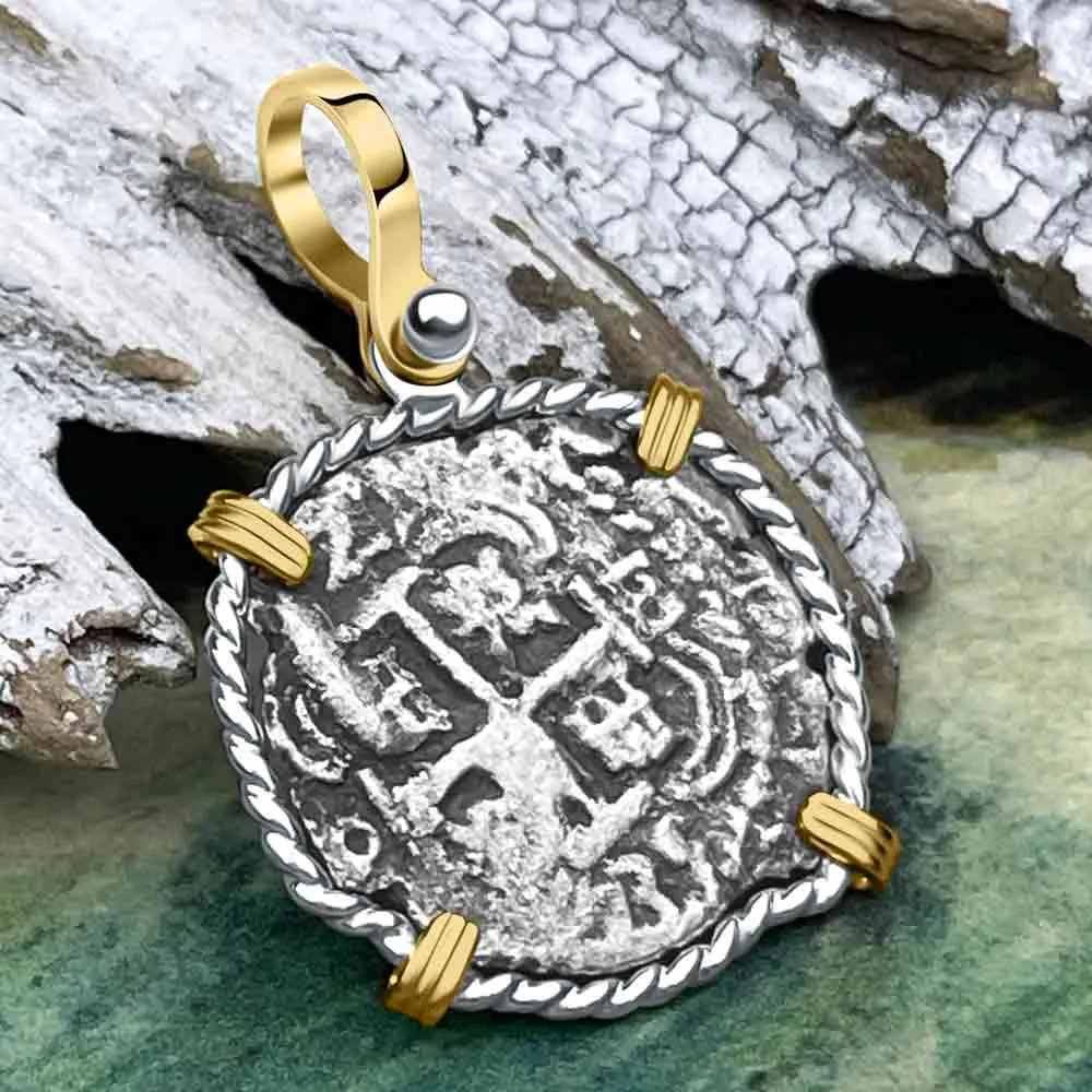 Princess Louisa Shipwreck 1735 2 Reale Piece of Eight 14K Gold & Sterling Silver Pendant | Artifact #8740