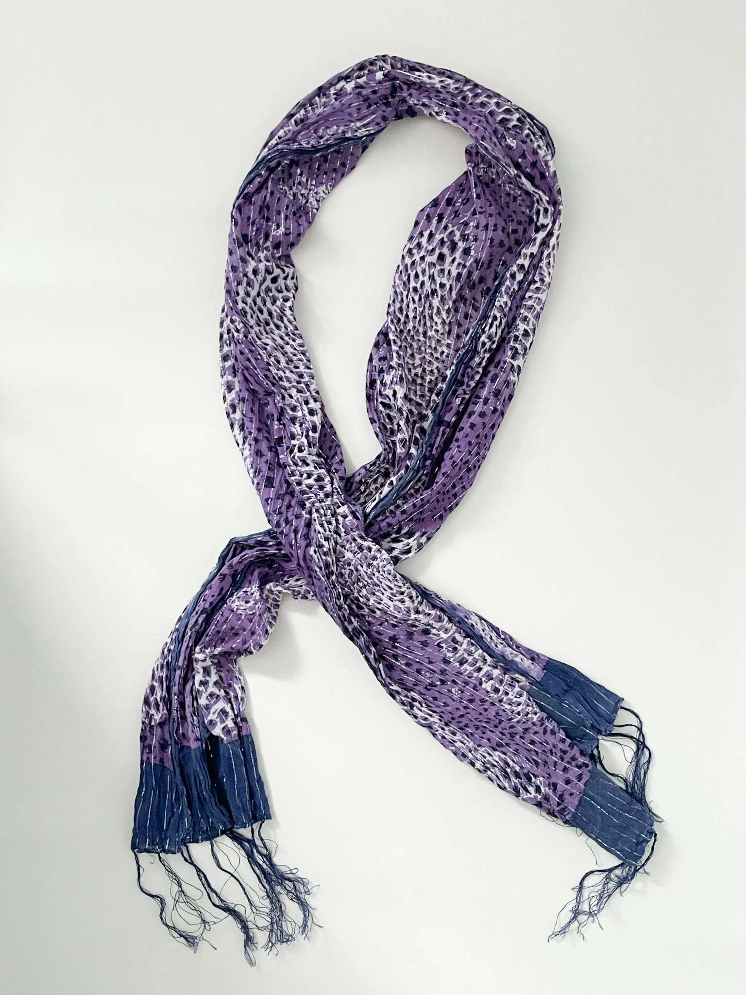 Purple Leopard Silver Stripe Fringe Rectangle Scarf
