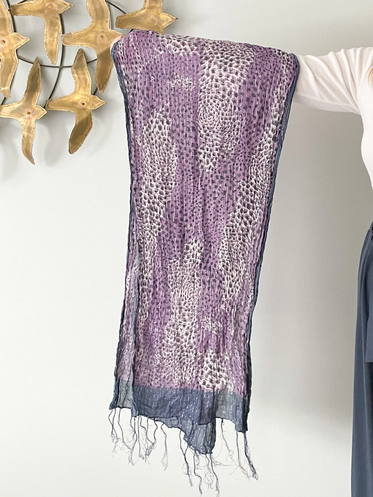 Purple Leopard Silver Stripe Fringe Rectangle Scarf