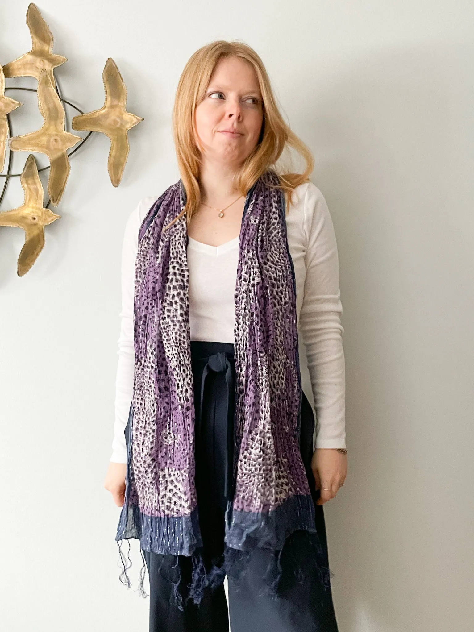 Purple Leopard Silver Stripe Fringe Rectangle Scarf