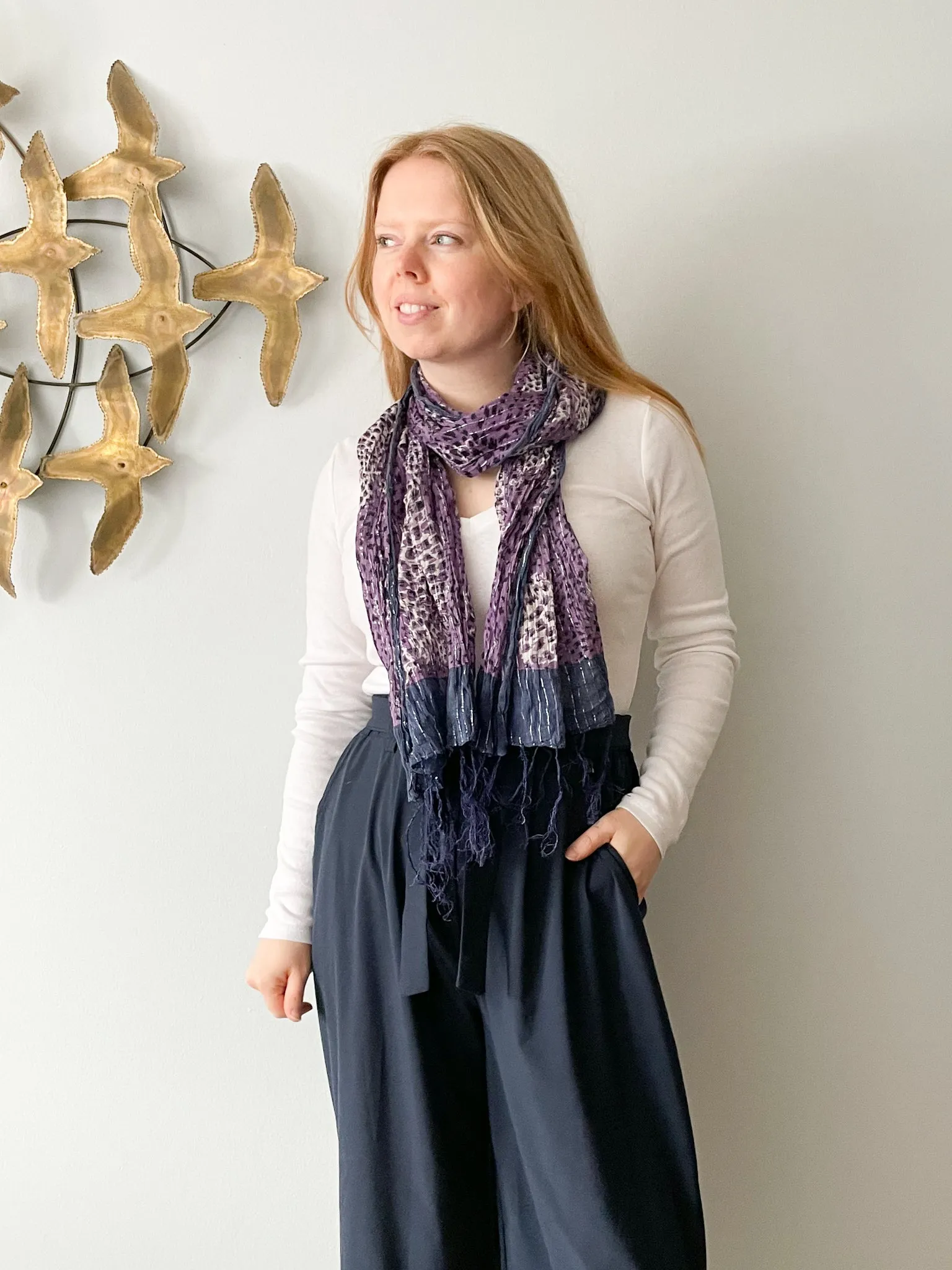 Purple Leopard Silver Stripe Fringe Rectangle Scarf