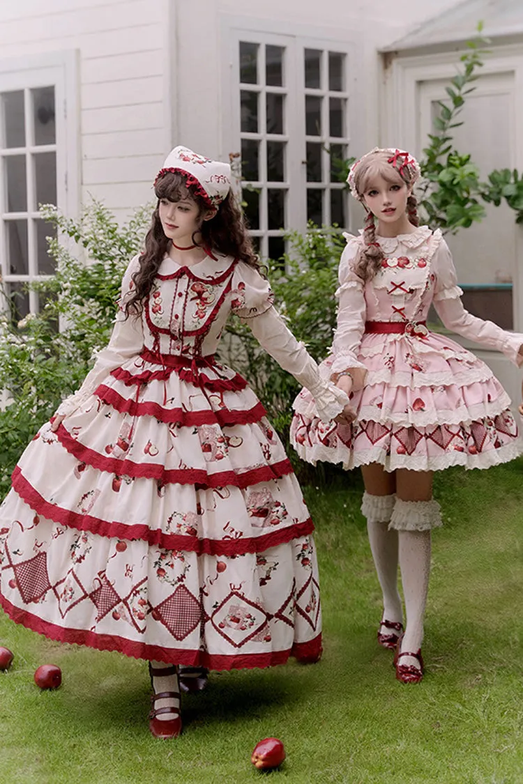 Red/Beige Triple-Layered [Apple Orchard] Print Ruffle Embroidery Sweet Lolita Long Skirt