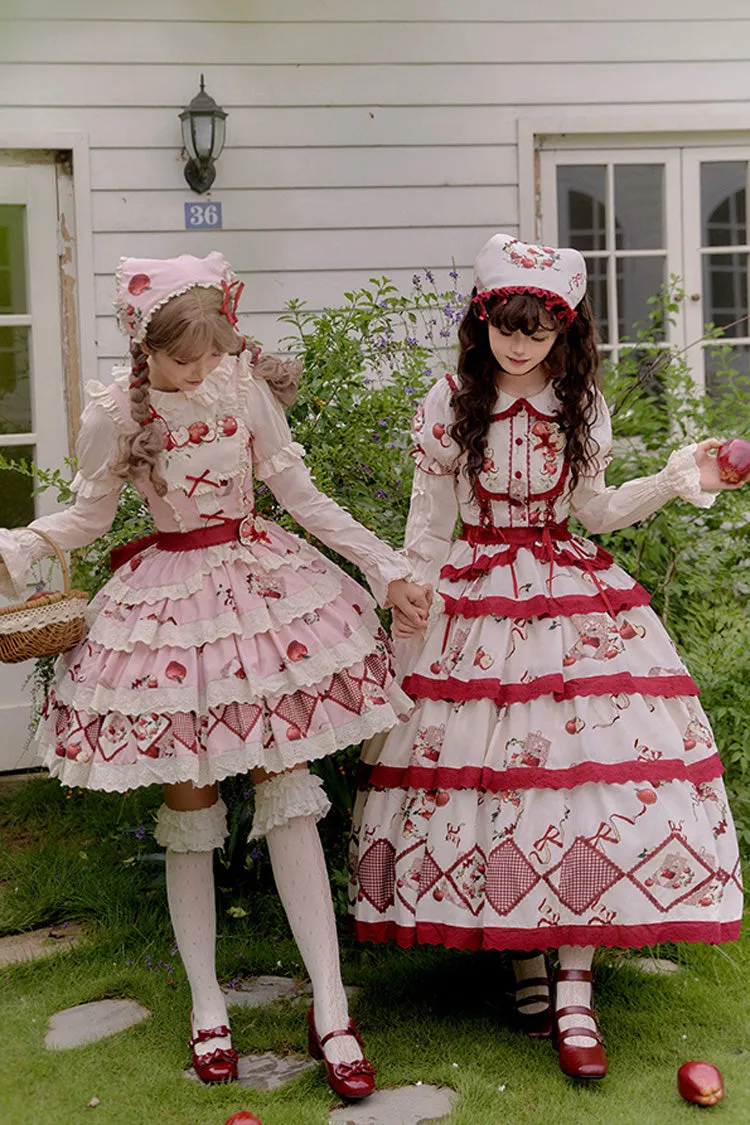 Red/Beige Triple-Layered [Apple Orchard] Print Ruffle Embroidery Sweet Lolita Long Skirt