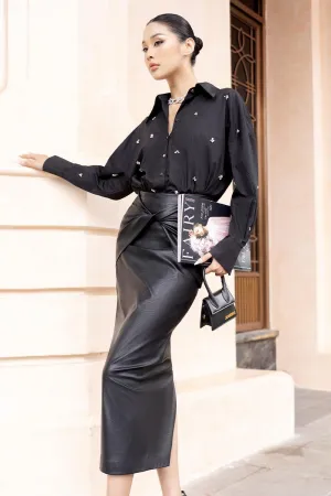 Rishima Pencil Twisted Leather Midi Skirt