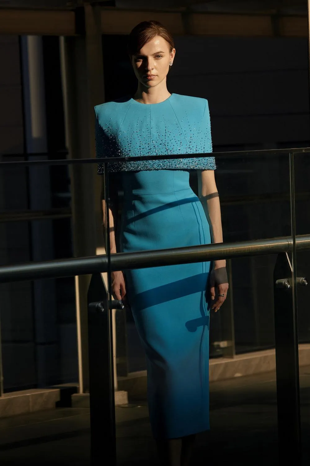 Salford Sheath Cape Shoulder Foam Midi Dress