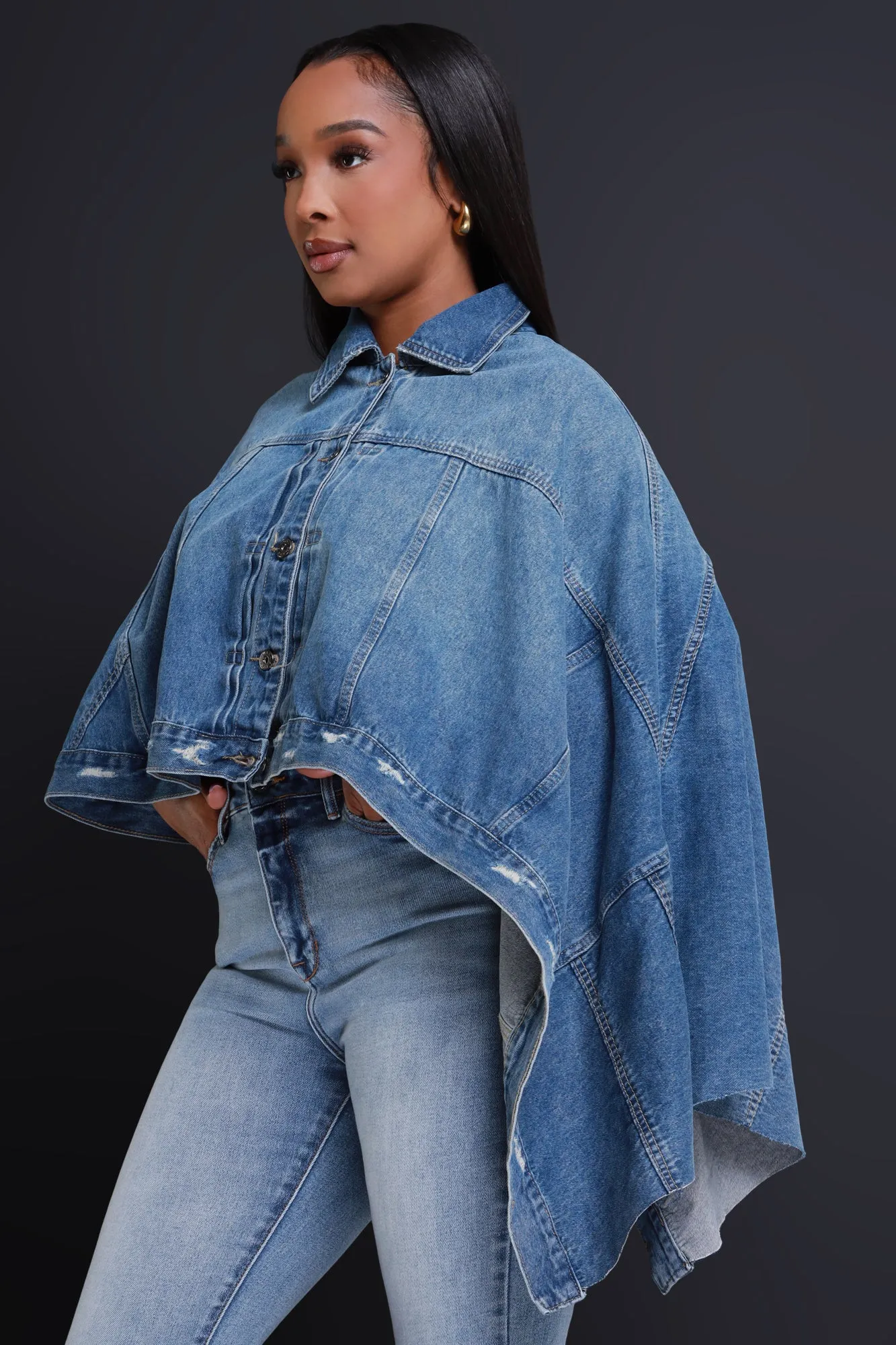 SAP Asymmetric Denim Cape - Medium Wash