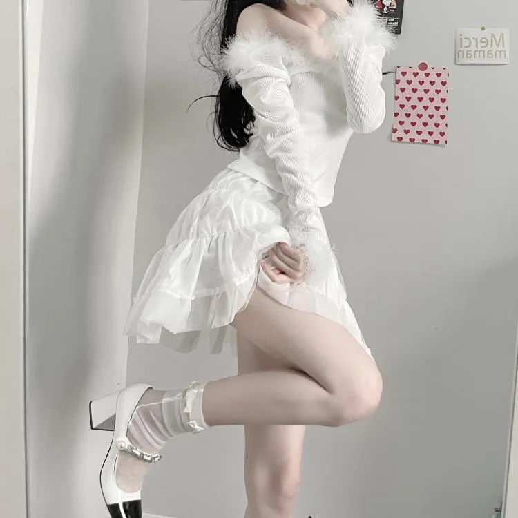 Sexy white fur coat   short skirt PL51727
