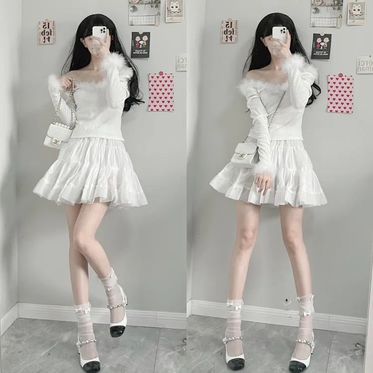 Sexy white fur coat   short skirt PL51727