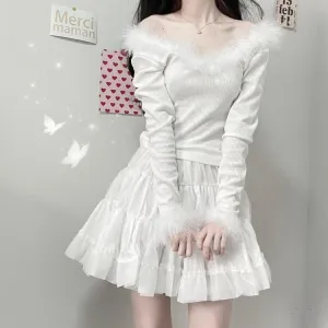 Sexy white fur coat   short skirt PL51727