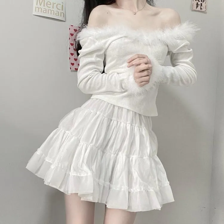 Sexy white fur coat   short skirt PL51727