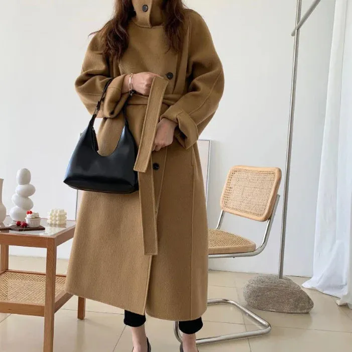 Side Button-Up Belted 100% Wool Coat