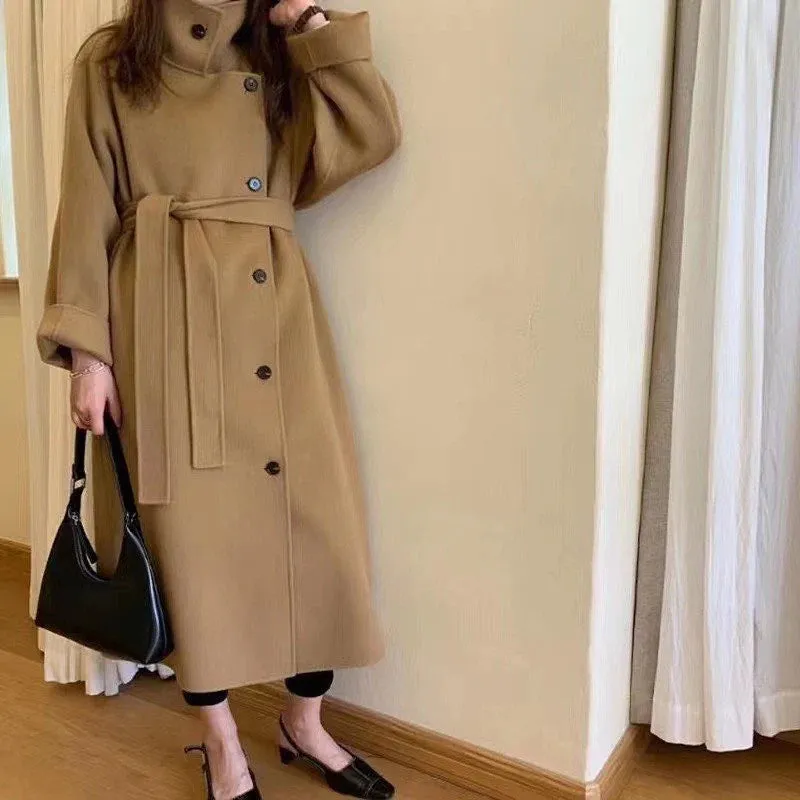 Side Button-Up Belted 100% Wool Coat