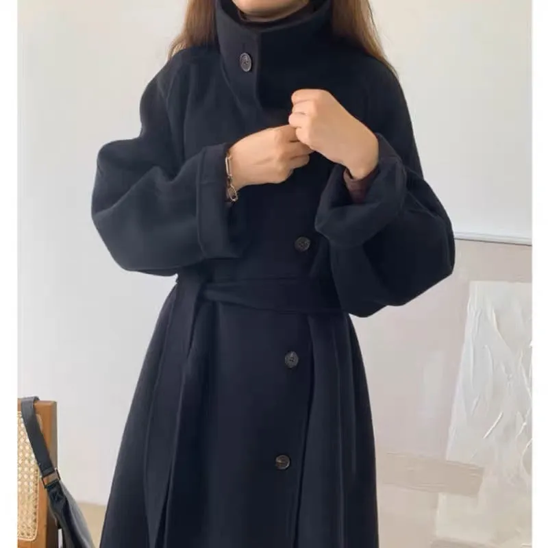 Side Button-Up Belted 100% Wool Coat