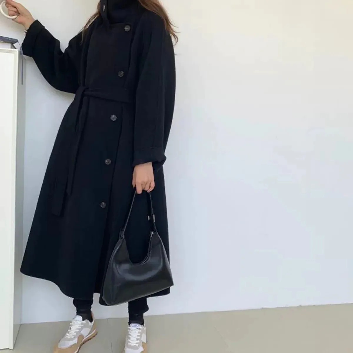 Side Button-Up Belted 100% Wool Coat