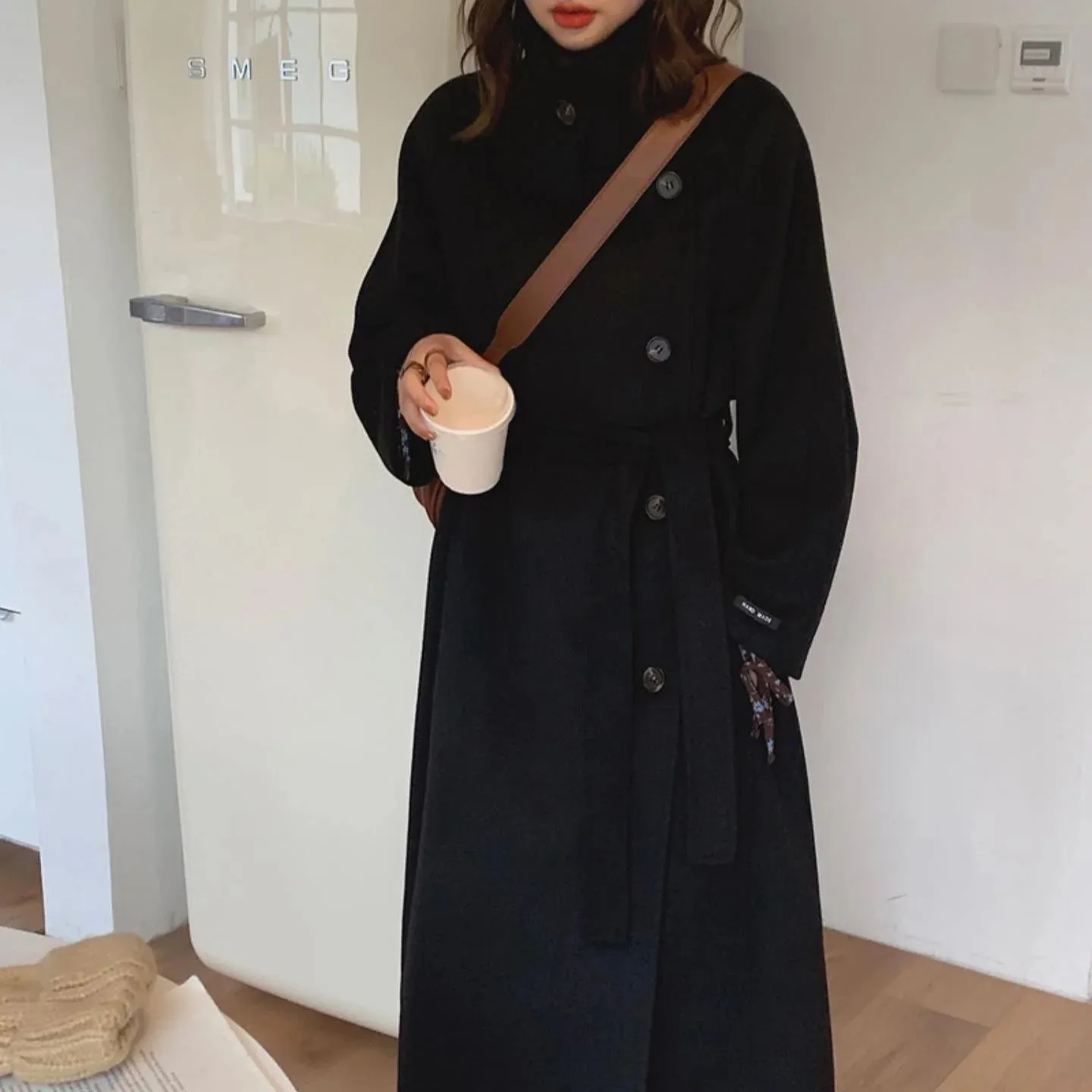 Side Button-Up Belted 100% Wool Coat