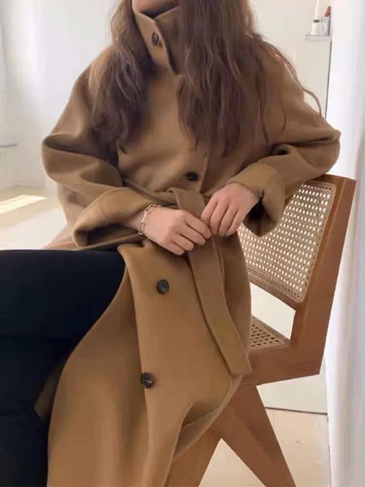 Side Button-Up Belted 100% Wool Coat