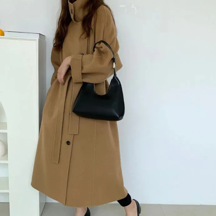 Side Button-Up Belted 100% Wool Coat