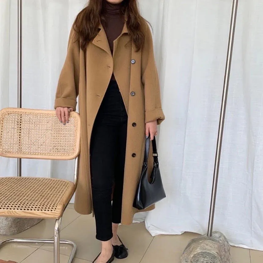 Side Button-Up Belted 100% Wool Coat