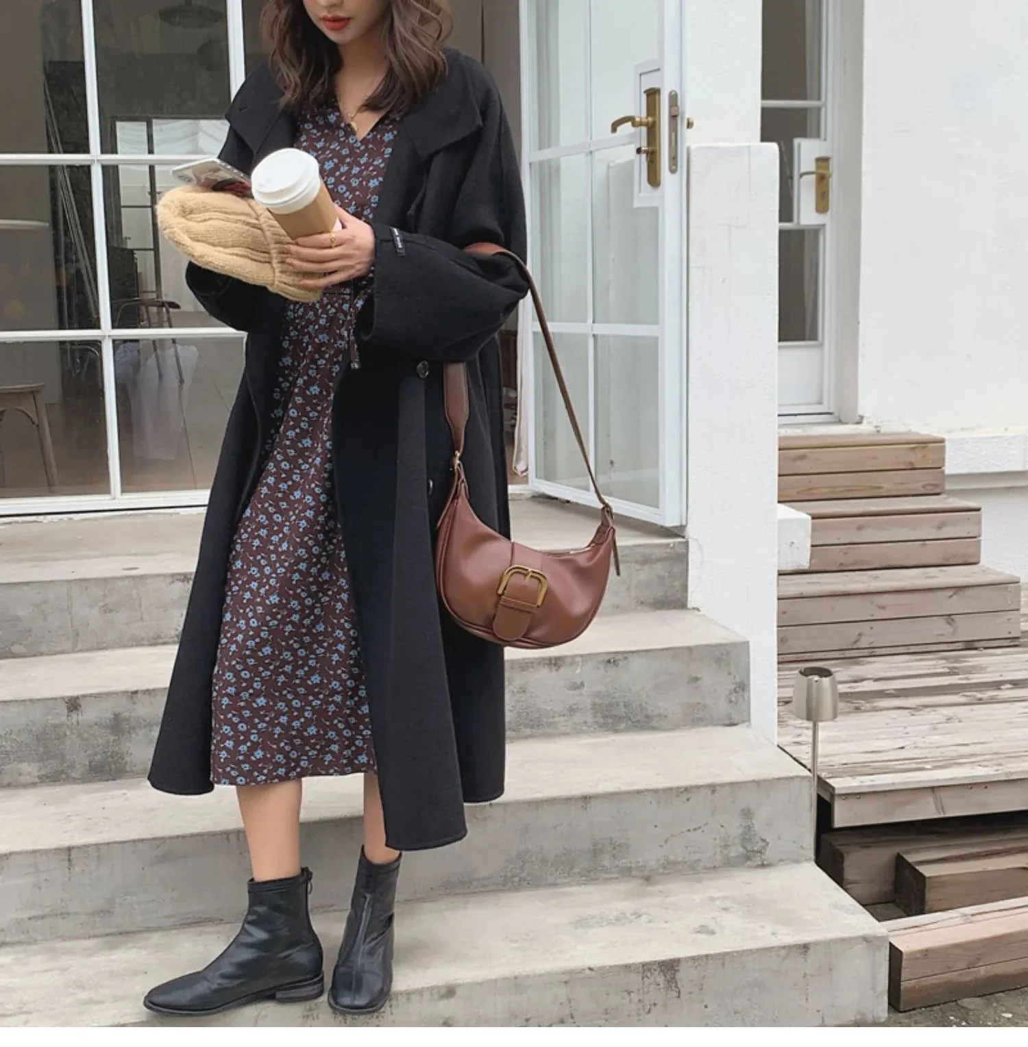 Side Button-Up Belted 100% Wool Coat