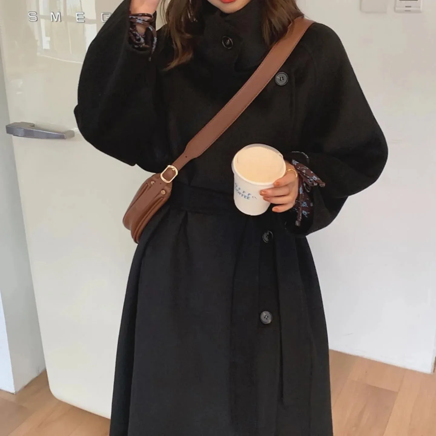 Side Button-Up Belted 100% Wool Coat