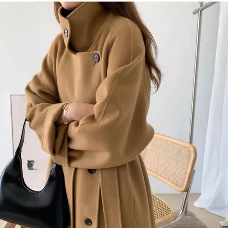 Side Button-Up Belted 100% Wool Coat