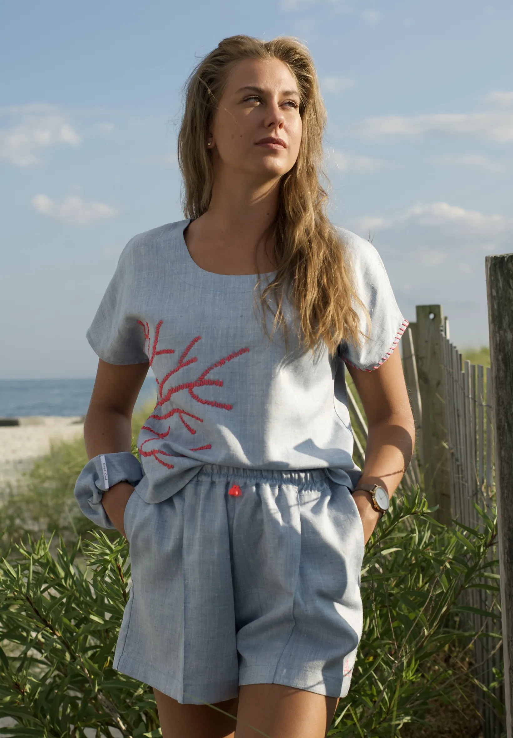 Silky Blue Linen High Waisted Shorts with Hand Embroidered Sailboat Detail