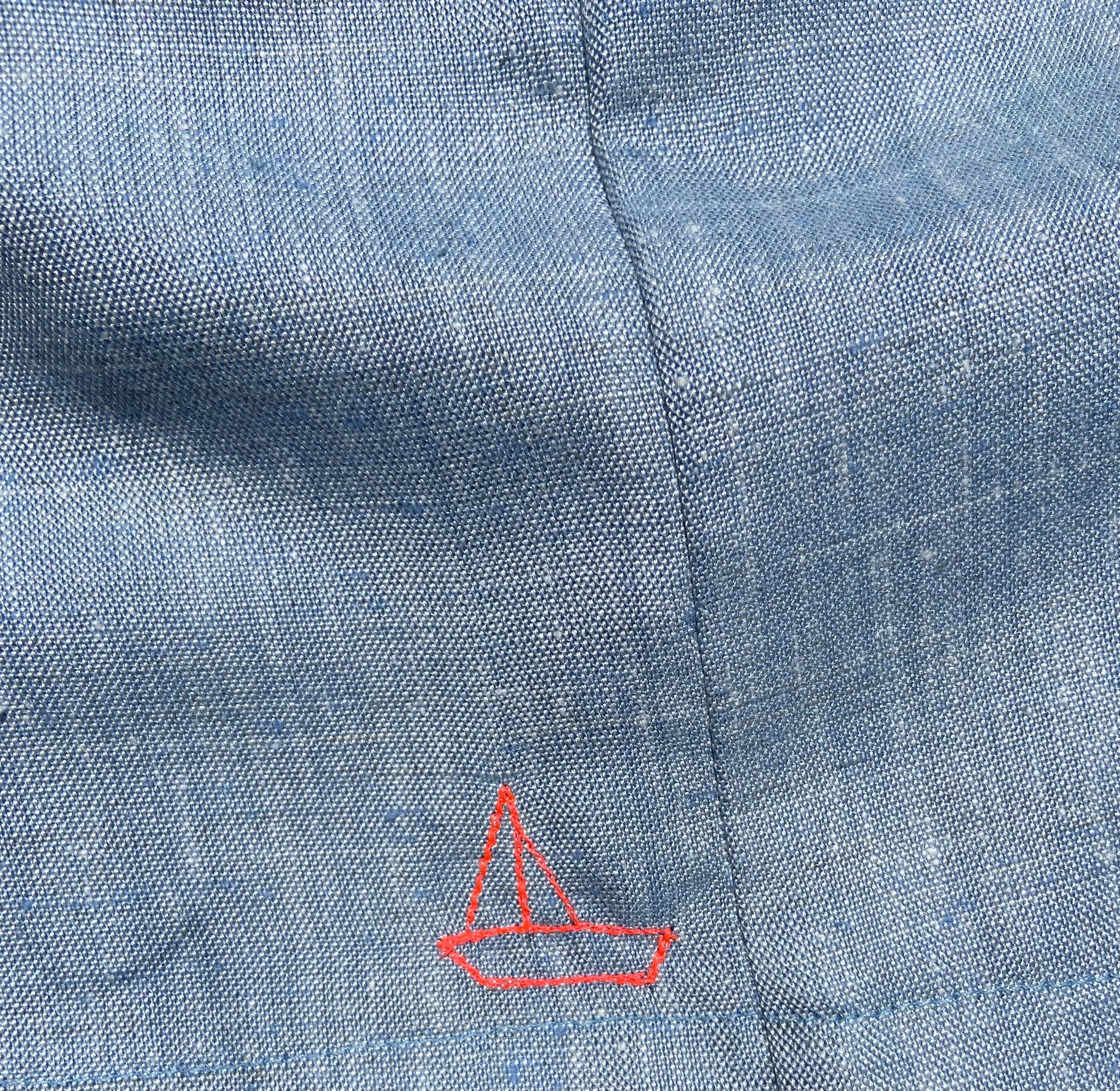 Silky Blue Linen High Waisted Shorts with Hand Embroidered Sailboat Detail