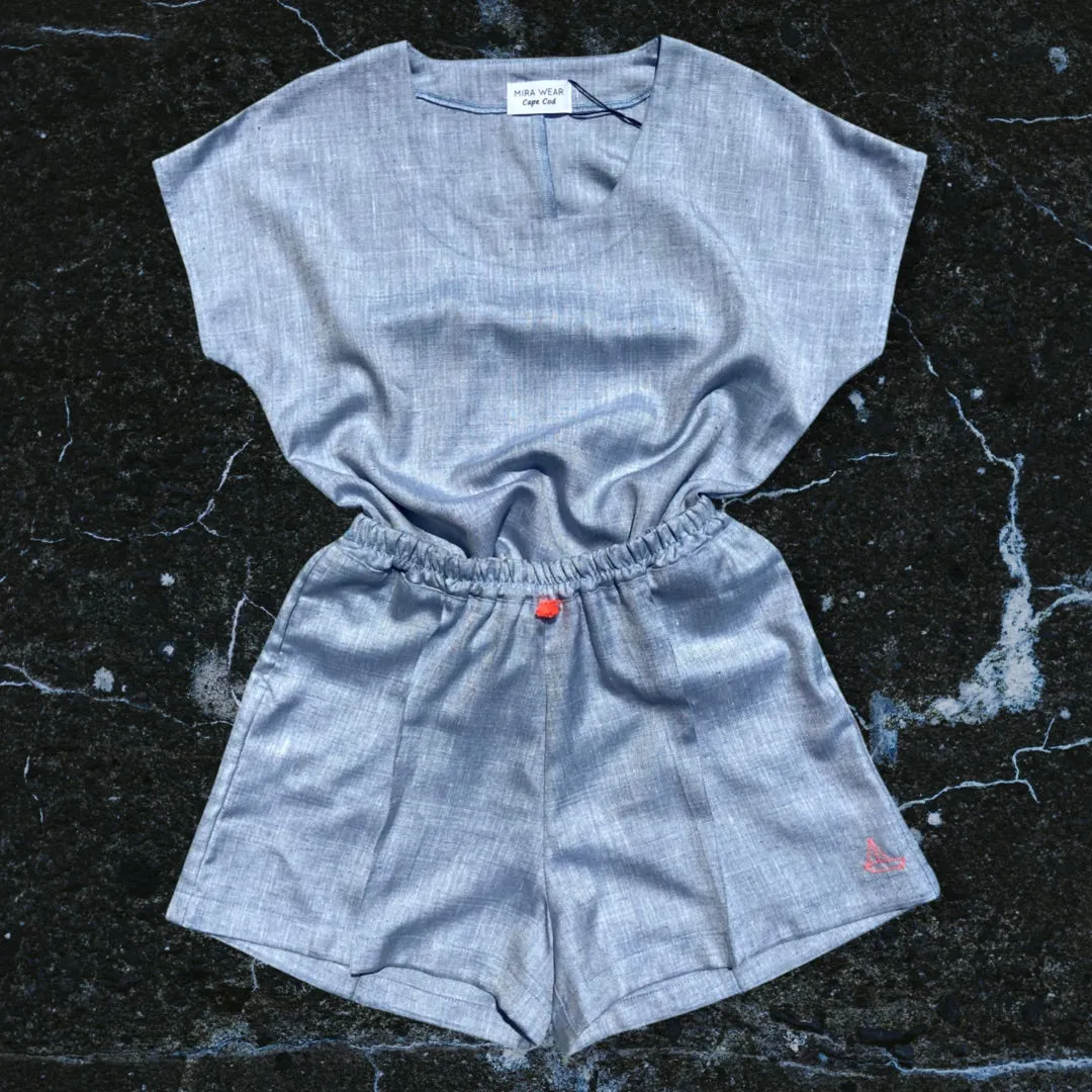 Silky Blue Linen High Waisted Shorts with Hand Embroidered Sailboat Detail