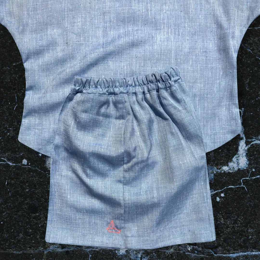 Silky Blue Linen High Waisted Shorts with Hand Embroidered Sailboat Detail