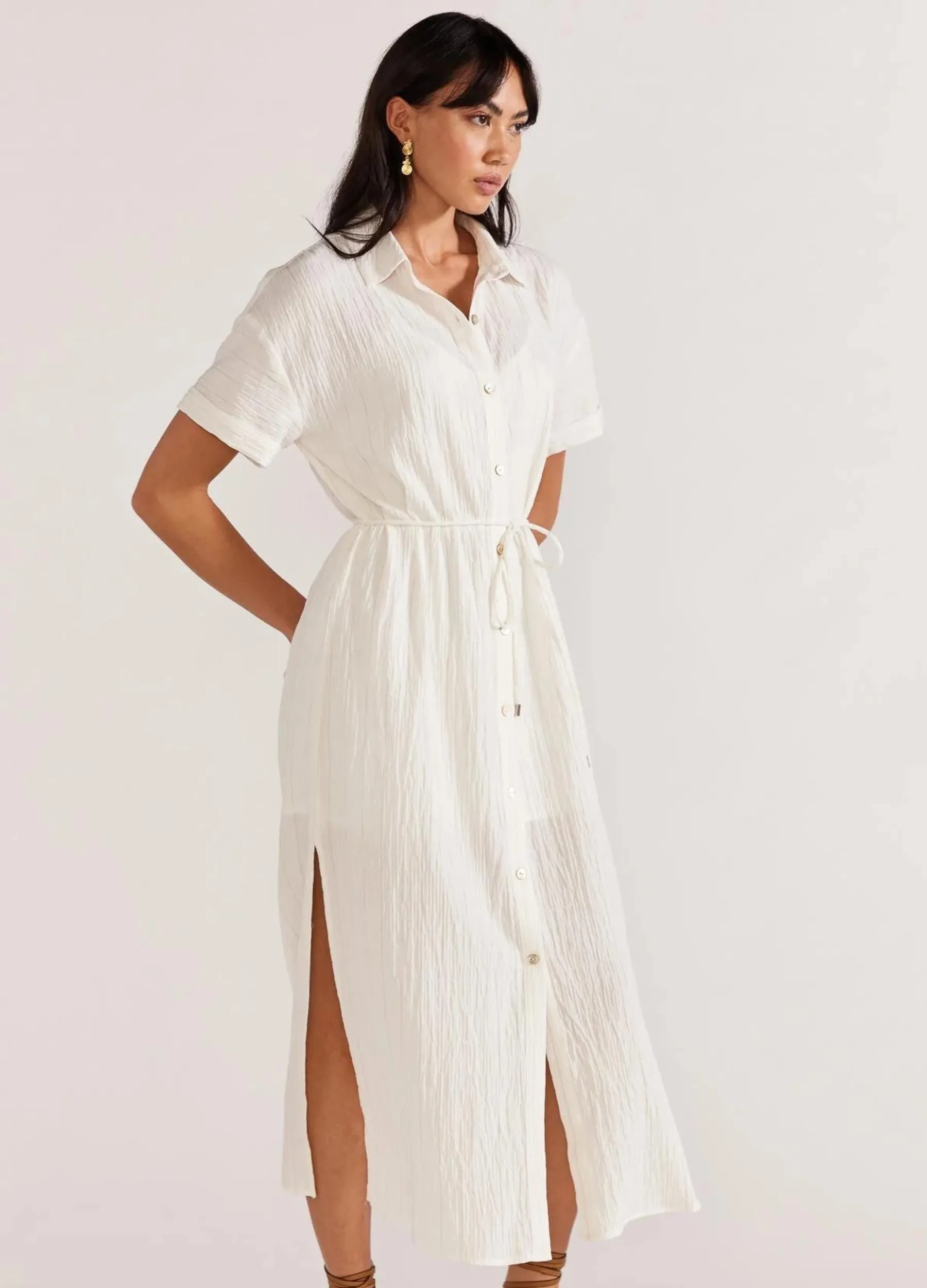 Staple the Label - Short Sleeve Maya Shirt Dress - White/Beige
