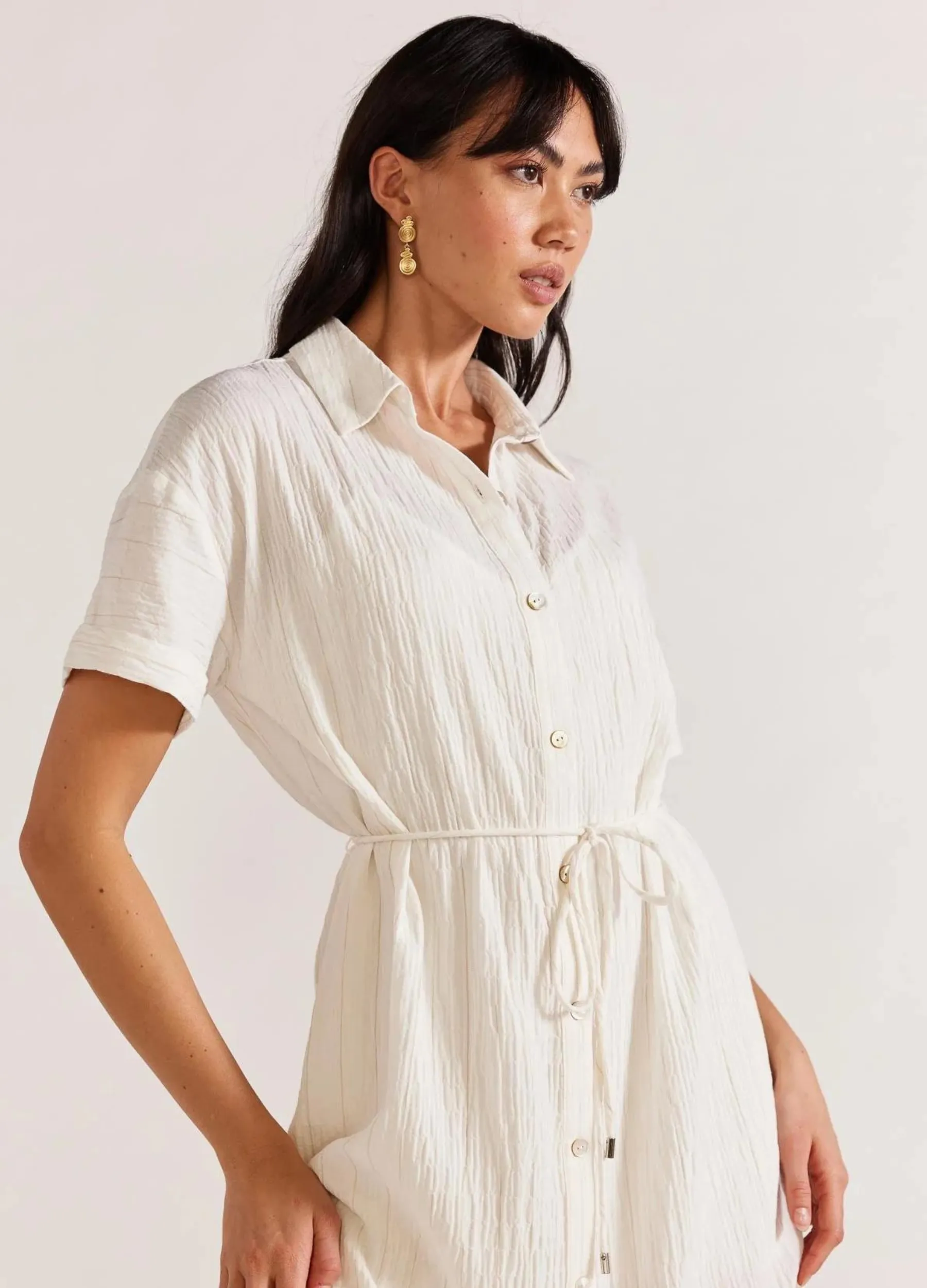 Staple the Label - Short Sleeve Maya Shirt Dress - White/Beige