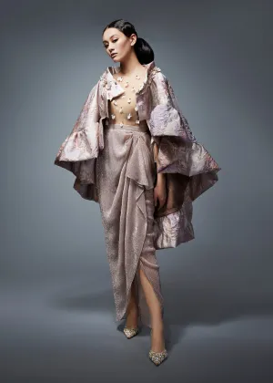 Tulle Beaded Top & Knit Lamé Skirt ; Boat Necked Floral Jacquard Cape | Fall/Winter 19