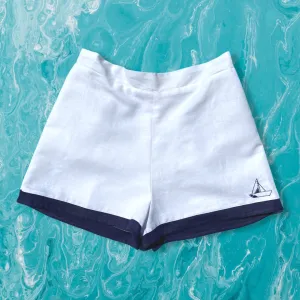 White Linen High Waisted Shorts with Hand Embroidered Sailboat Detail
