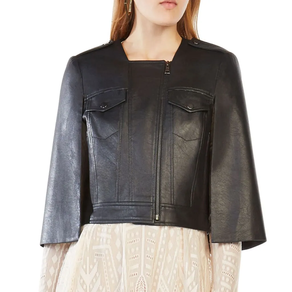 Women's Cape Sleeves Black Leather Jacket - Unique Style